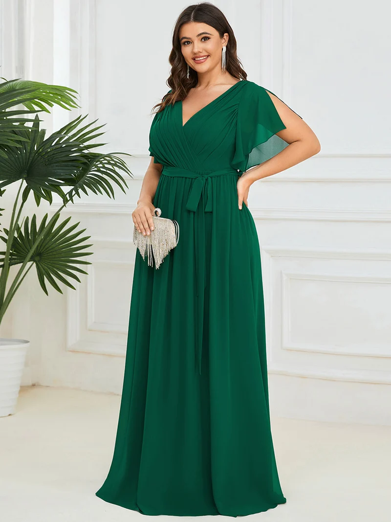 pretty LEORA|Robe de soirée en mousseline de soie longue de grande taille à encolureen V Maxi