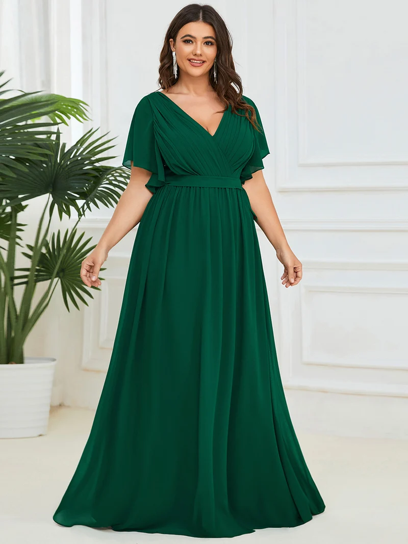 pretty LEORA|Robe de soirée en mousseline de soie longue de grande taille à encolureen V Maxi