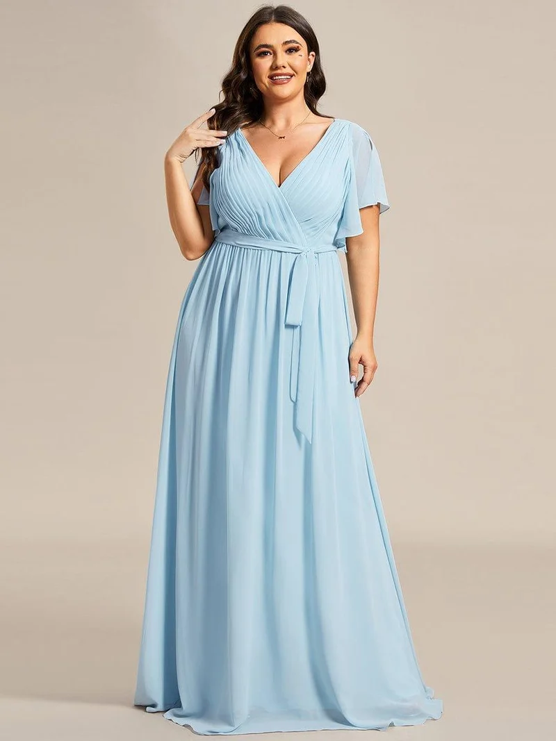 pretty LEORA|Robe de soirée en mousseline de soie longue de grande taille à encolureen V Maxi