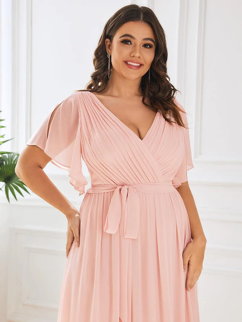 pretty LEORA|Robe de soirée en mousseline de soie longue de grande taille à encolureen V Maxi