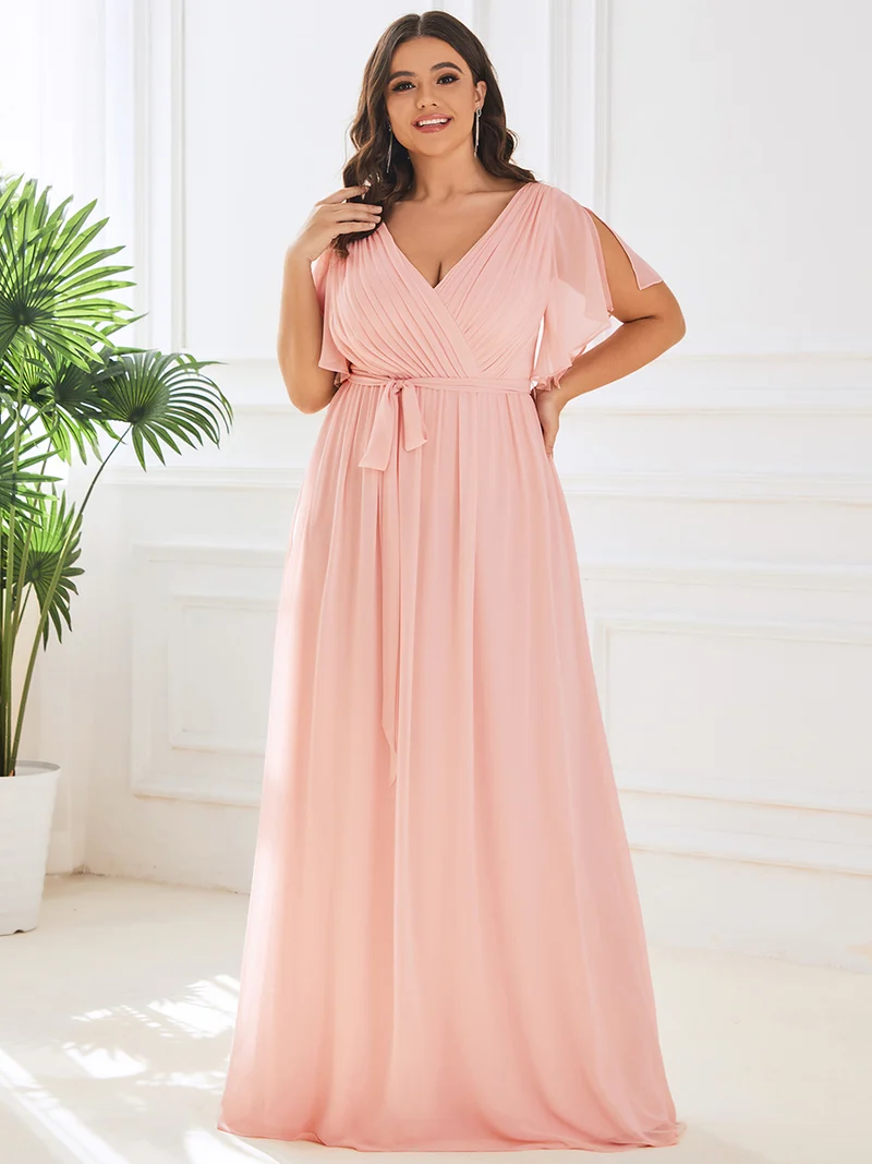 pretty LEORA|Robe de soirée en mousseline de soie longue de grande taille à encolureen V Maxi