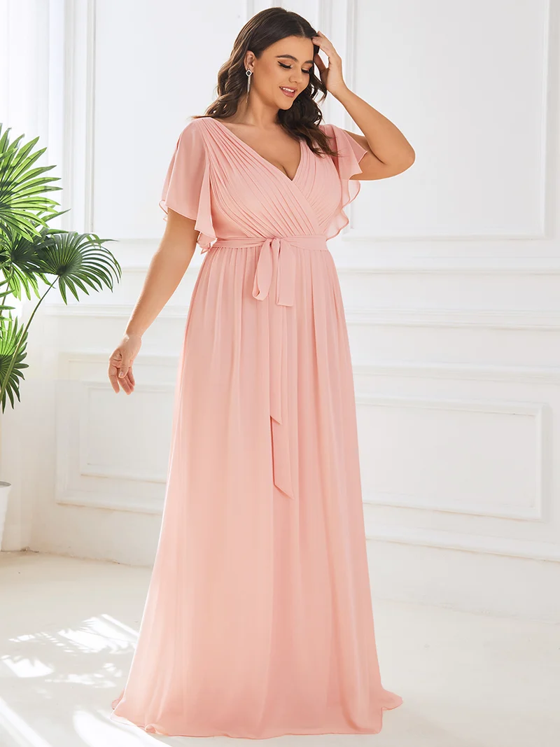 pretty LEORA|Robe de soirée en mousseline de soie longue de grande taille à encolureen V Maxi