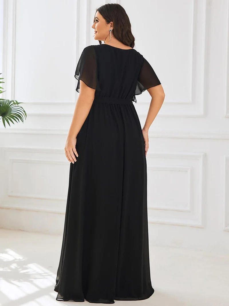pretty LEORA|Robe de soirée en mousseline de soie longue de grande taille à encolureen V Maxi