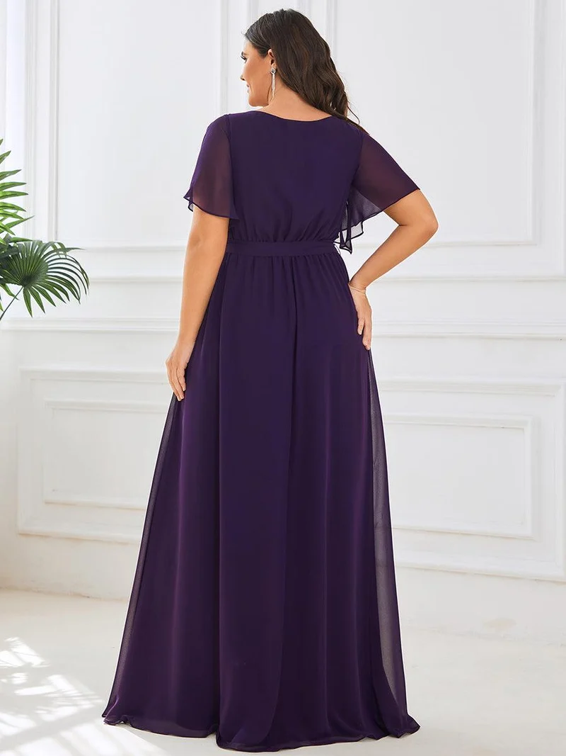 pretty LEORA|Robe de soirée en mousseline de soie longue de grande taille à encolureen V Maxi