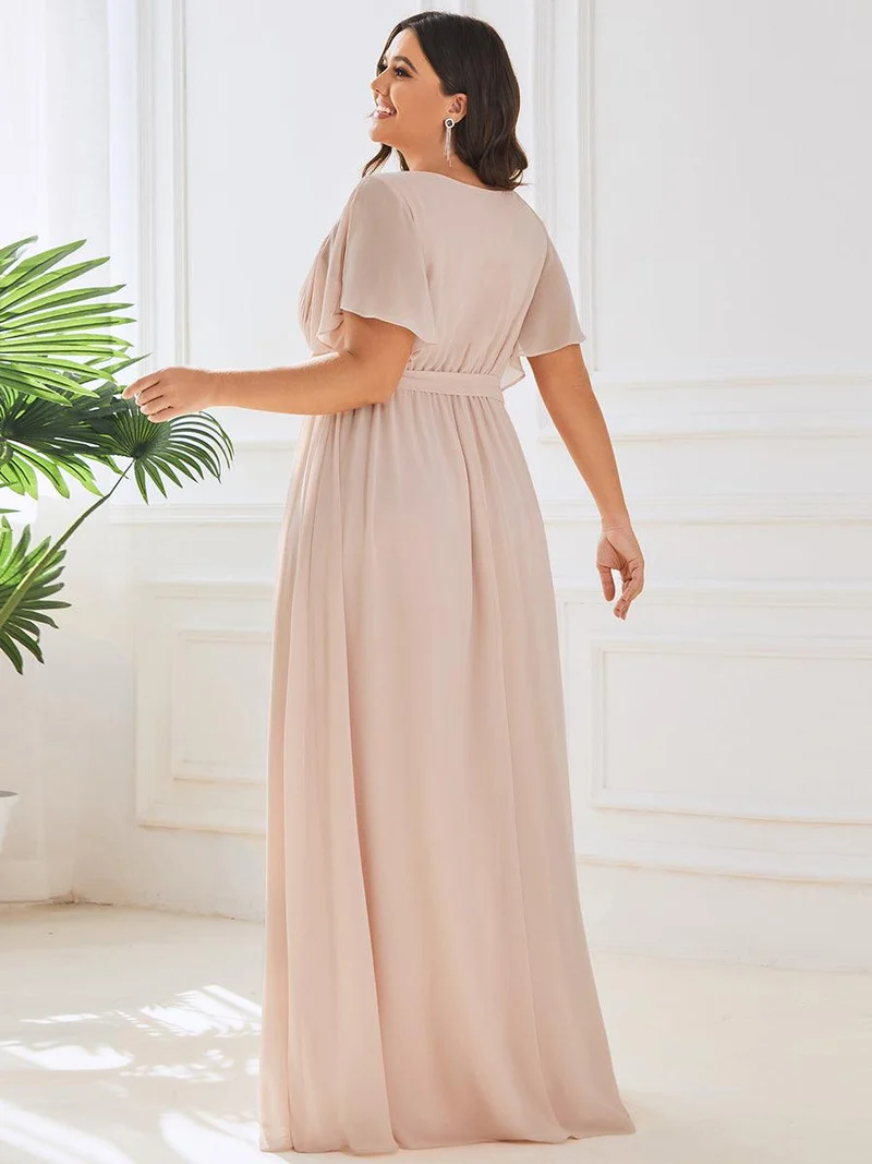 pretty LEORA|Robe de soirée en mousseline de soie longue de grande taille à encolureen V Maxi