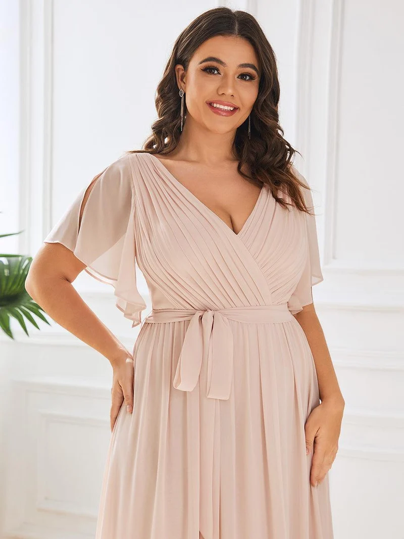 pretty LEORA|Robe de soirée en mousseline de soie longue de grande taille à encolureen V Maxi