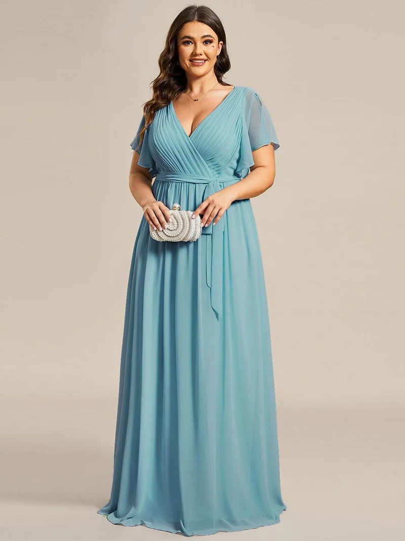 pretty LEORA|Robe de soirée en mousseline de soie longue de grande taille à encolureen V Maxi