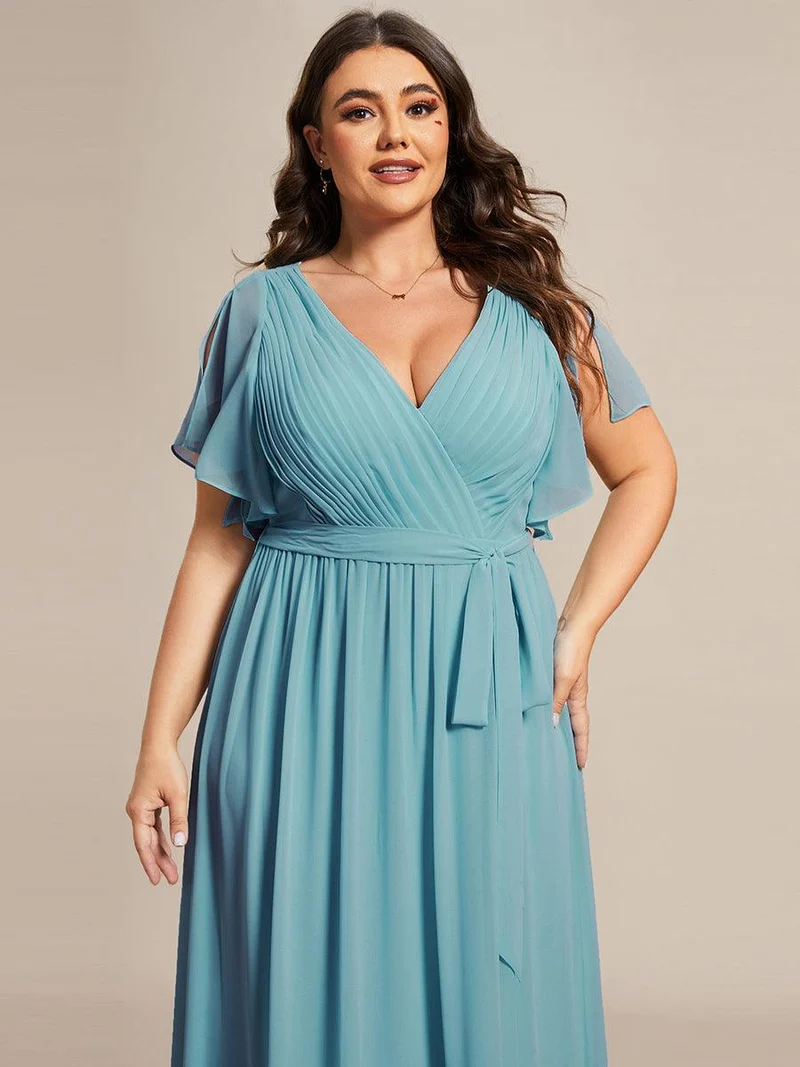 pretty LEORA|Robe de soirée en mousseline de soie longue de grande taille à encolureen V Maxi