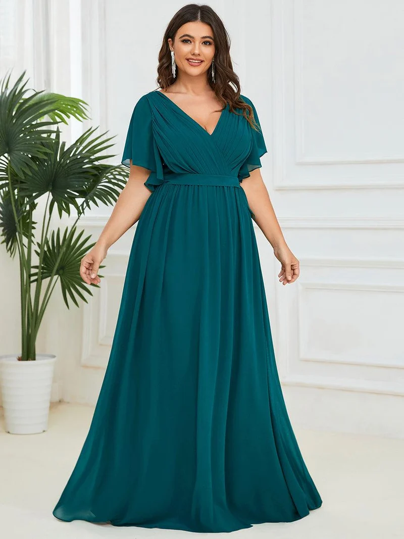 pretty LEORA|Robe de soirée en mousseline de soie longue de grande taille à encolureen V Maxi