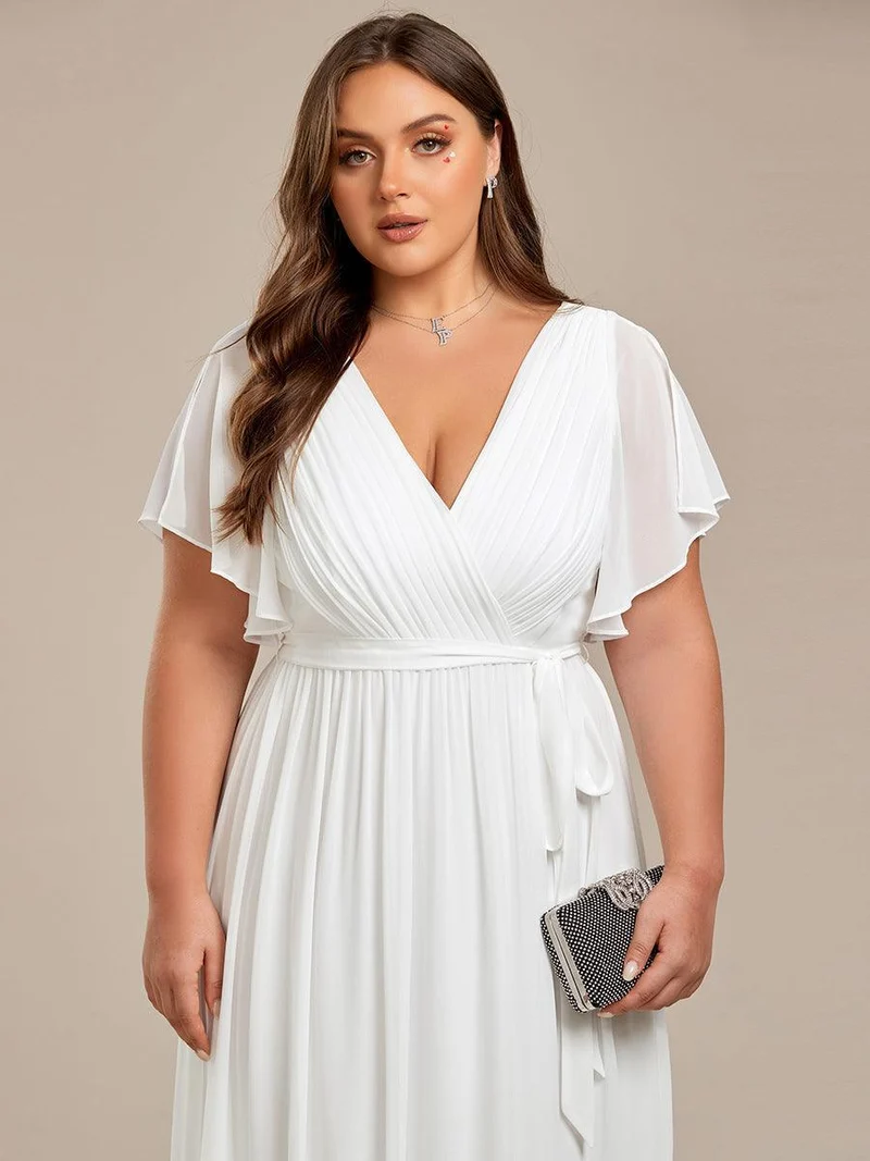 pretty LEORA|Robe de soirée en mousseline de soie longue de grande taille à encolureen V Maxi