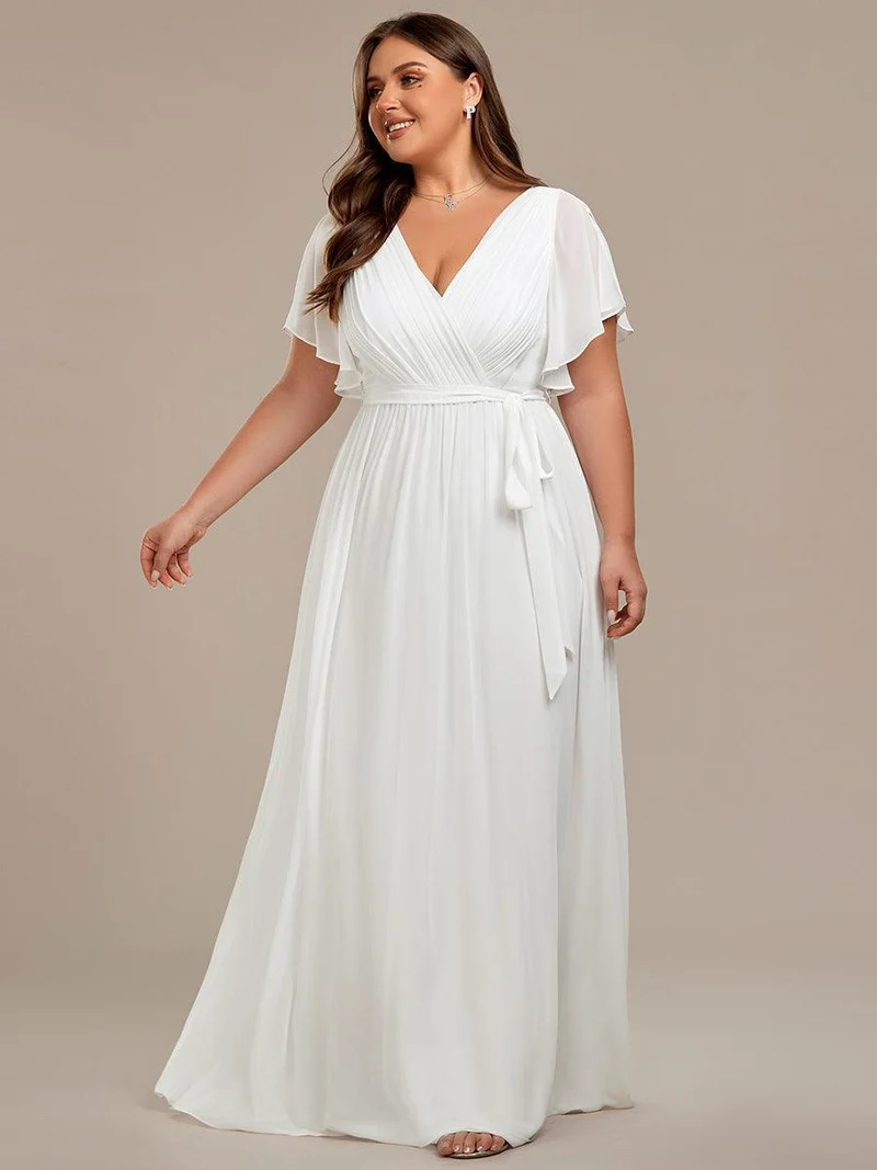 pretty LEORA|Robe de soirée en mousseline de soie longue de grande taille à encolureen V Maxi
