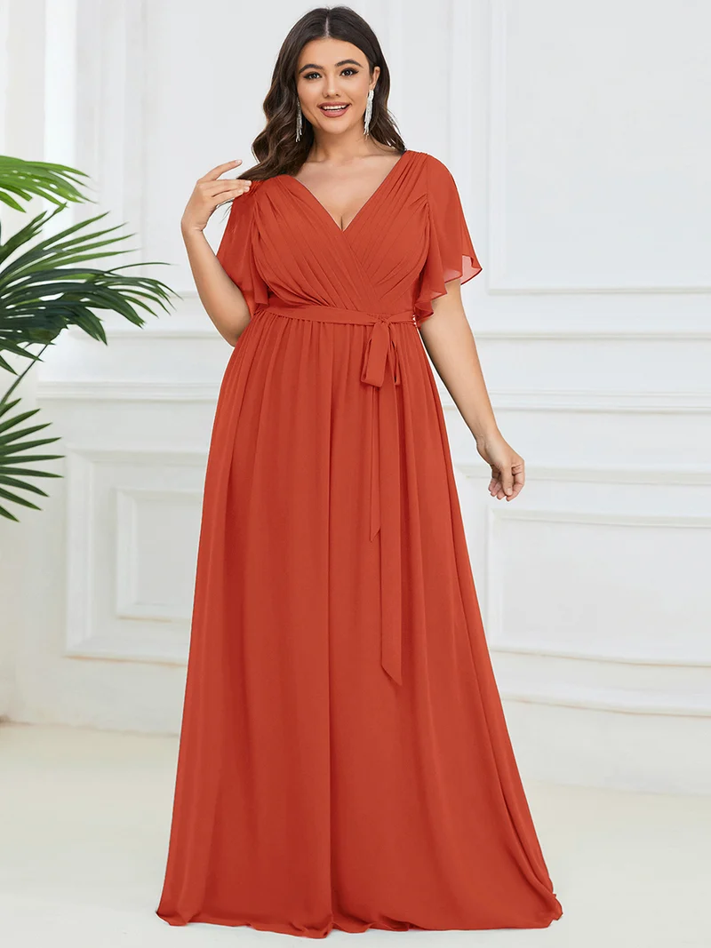 pretty LEORA|Robe de soirée en mousseline de soie longue de grande taille à encolureen V Maxi