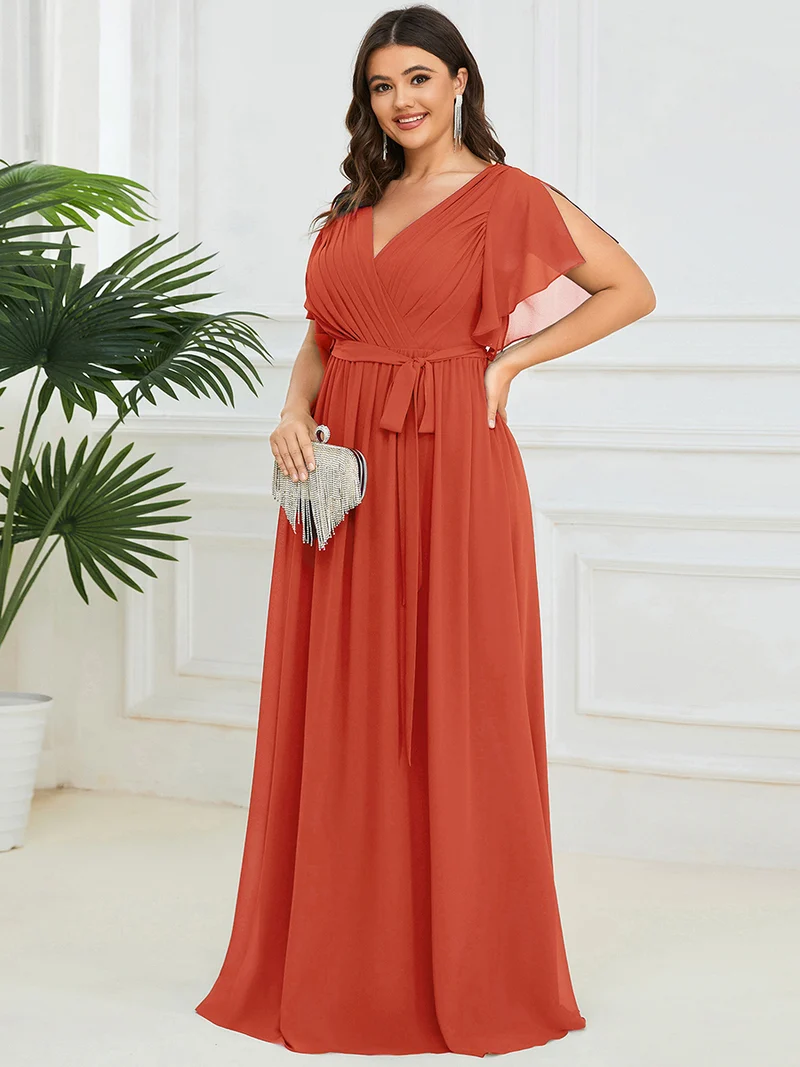 pretty LEORA|Robe de soirée en mousseline de soie longue de grande taille à encolureen V Maxi