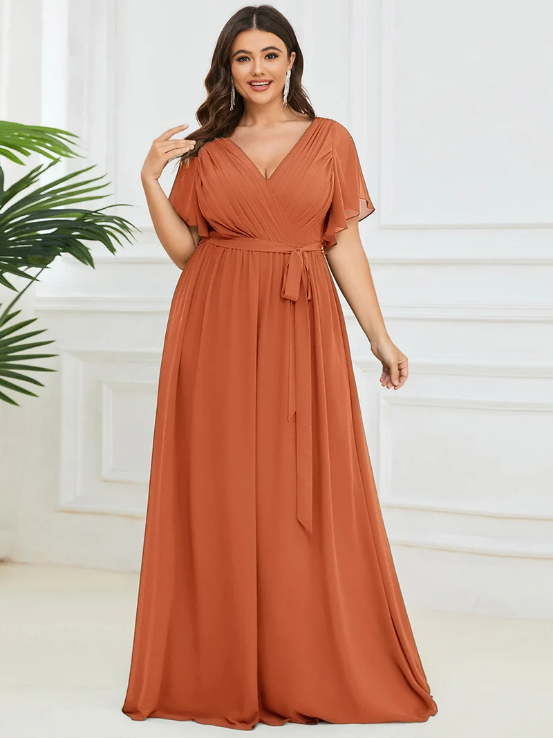 pretty LEORA|Robe de soirée en mousseline de soie longue de grande taille à encolureen V Maxi