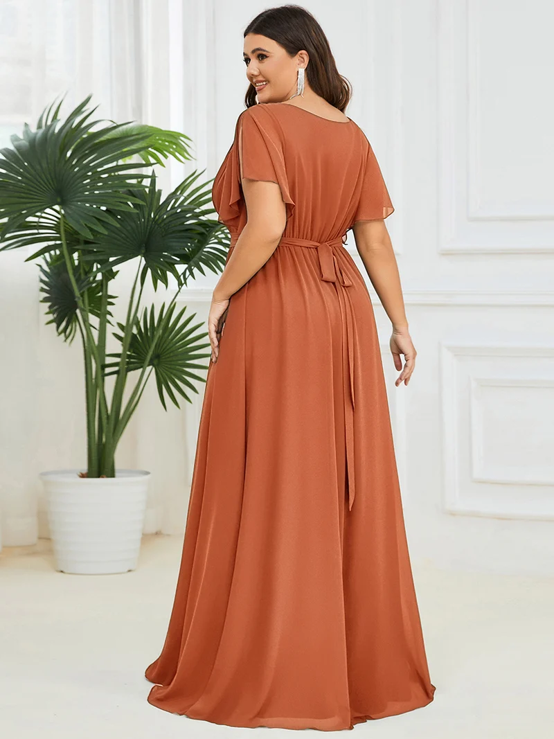 pretty LEORA|Robe de soirée en mousseline de soie longue de grande taille à encolureen V Maxi