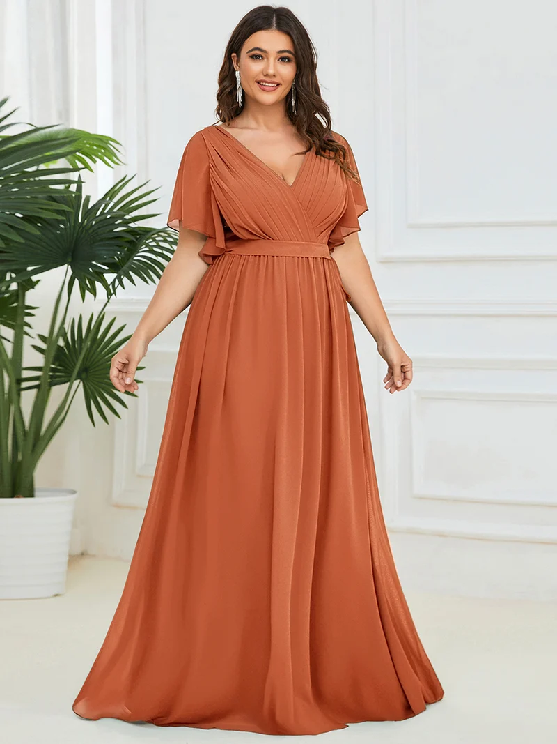 pretty LEORA|Robe de soirée en mousseline de soie longue de grande taille à encolureen V Maxi