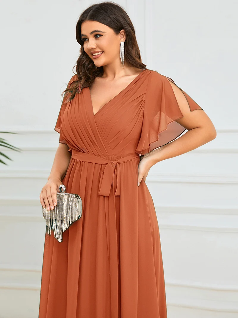 pretty LEORA|Robe de soirée en mousseline de soie longue de grande taille à encolureen V Maxi