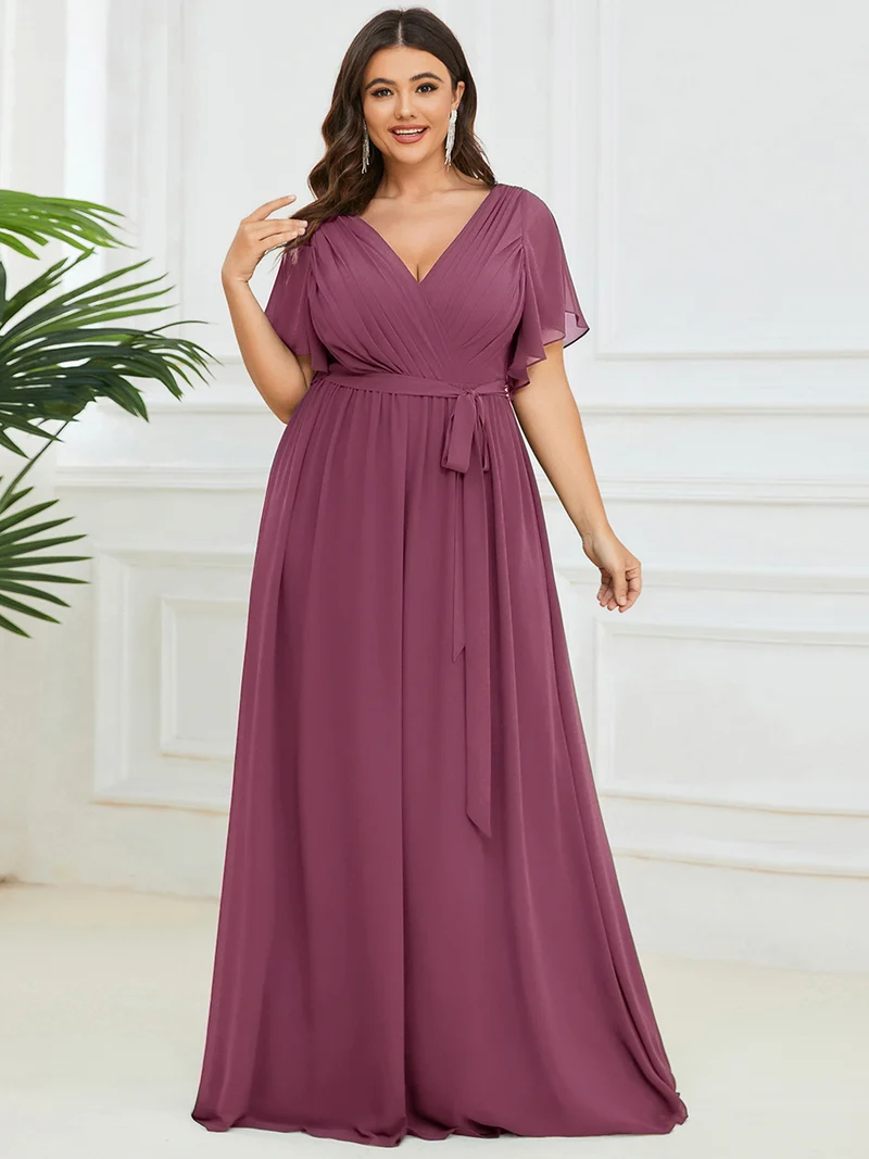 pretty LEORA|Robe de soirée en mousseline de soie longue de grande taille à encolureen V Maxi
