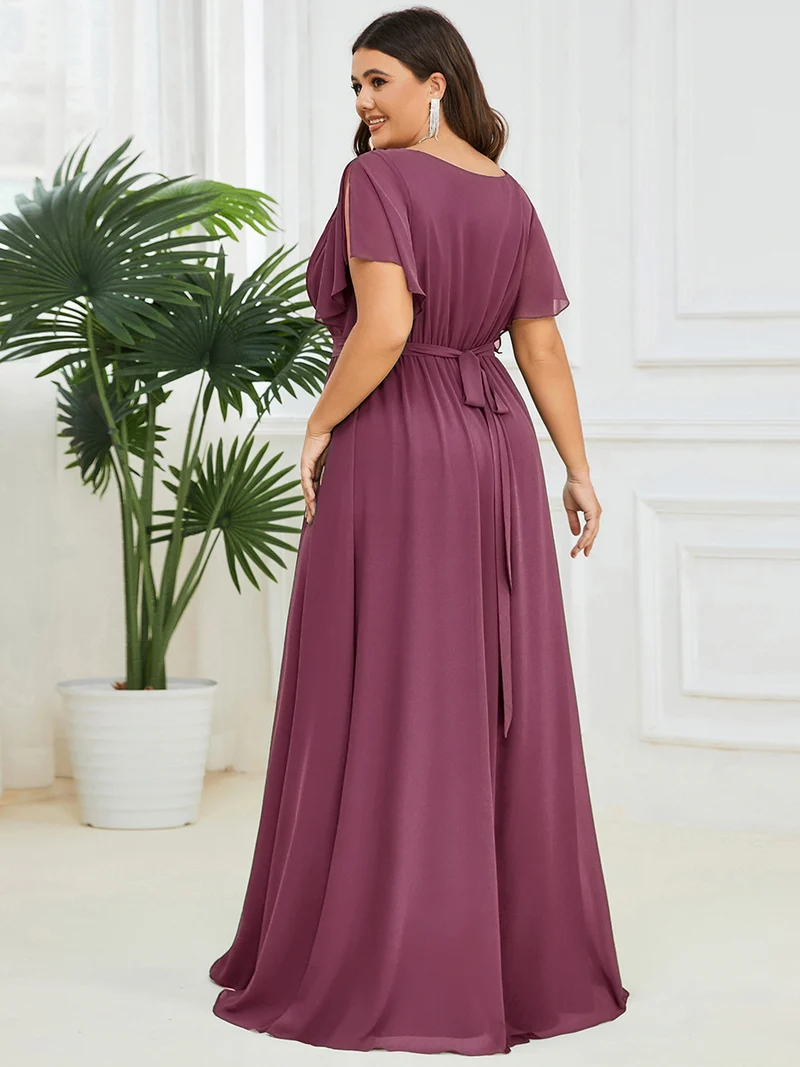 pretty LEORA|Robe de soirée en mousseline de soie longue de grande taille à encolureen V Maxi