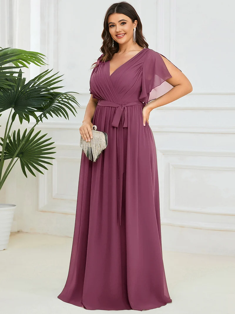 pretty LEORA|Robe de soirée en mousseline de soie longue de grande taille à encolureen V Maxi