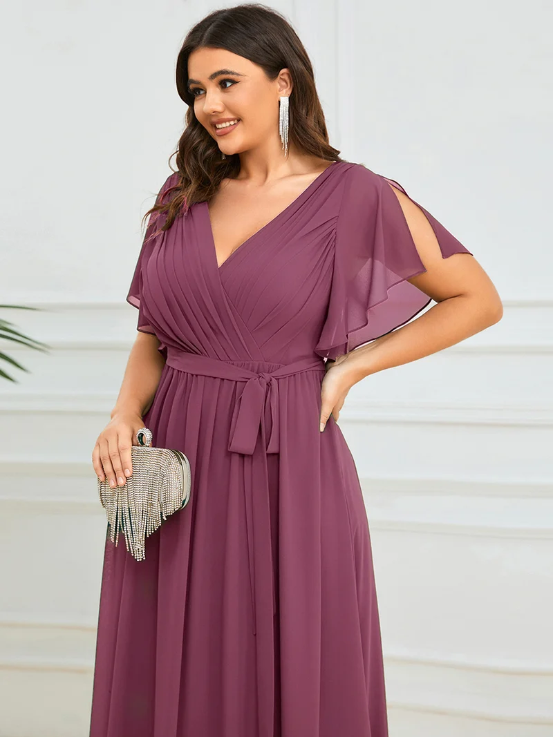 pretty LEORA|Robe de soirée en mousseline de soie longue de grande taille à encolureen V Maxi