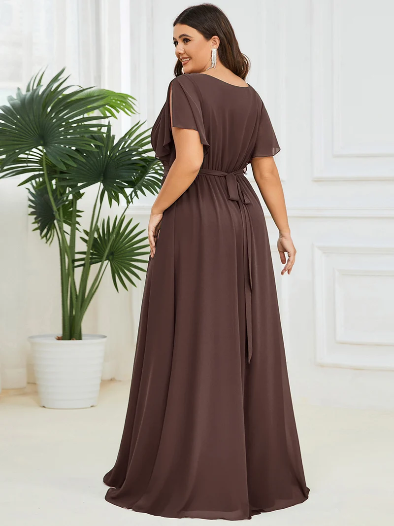 pretty LEORA|Robe de soirée en mousseline de soie longue de grande taille à encolureen V Maxi