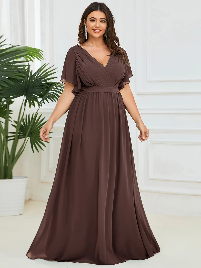 pretty LEORA|Robe de soirée en mousseline de soie longue de grande taille à encolureen V Maxi