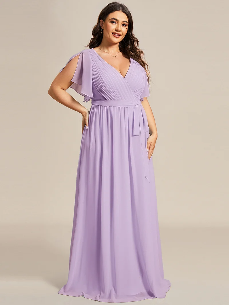 pretty LEORA|Robe de soirée en mousseline de soie longue de grande taille à encolureen V Maxi