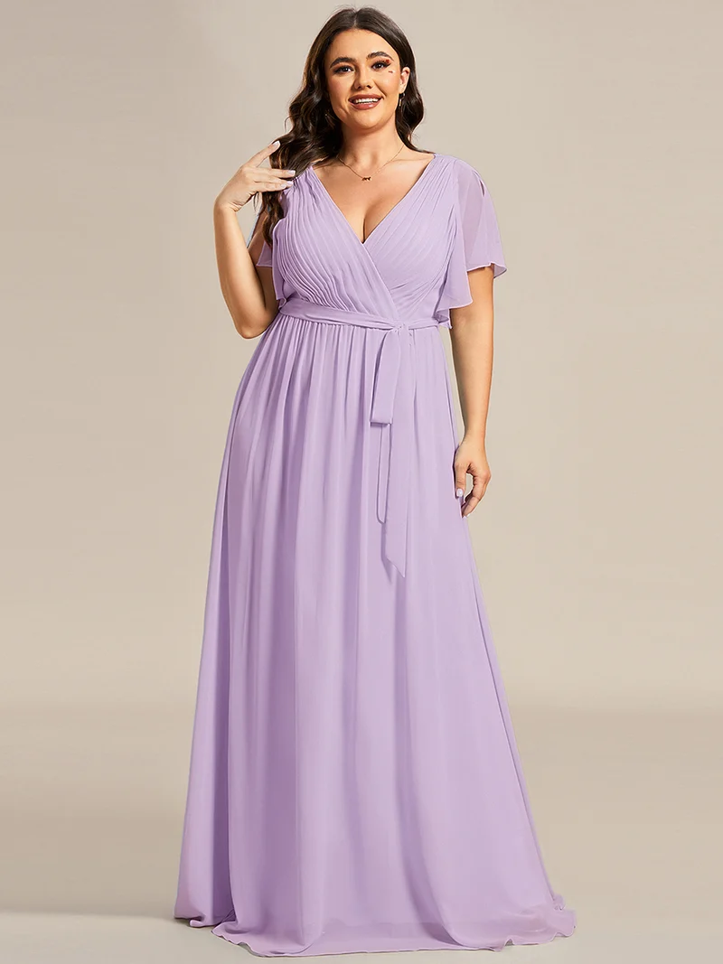 pretty LEORA|Robe de soirée en mousseline de soie longue de grande taille à encolureen V Maxi