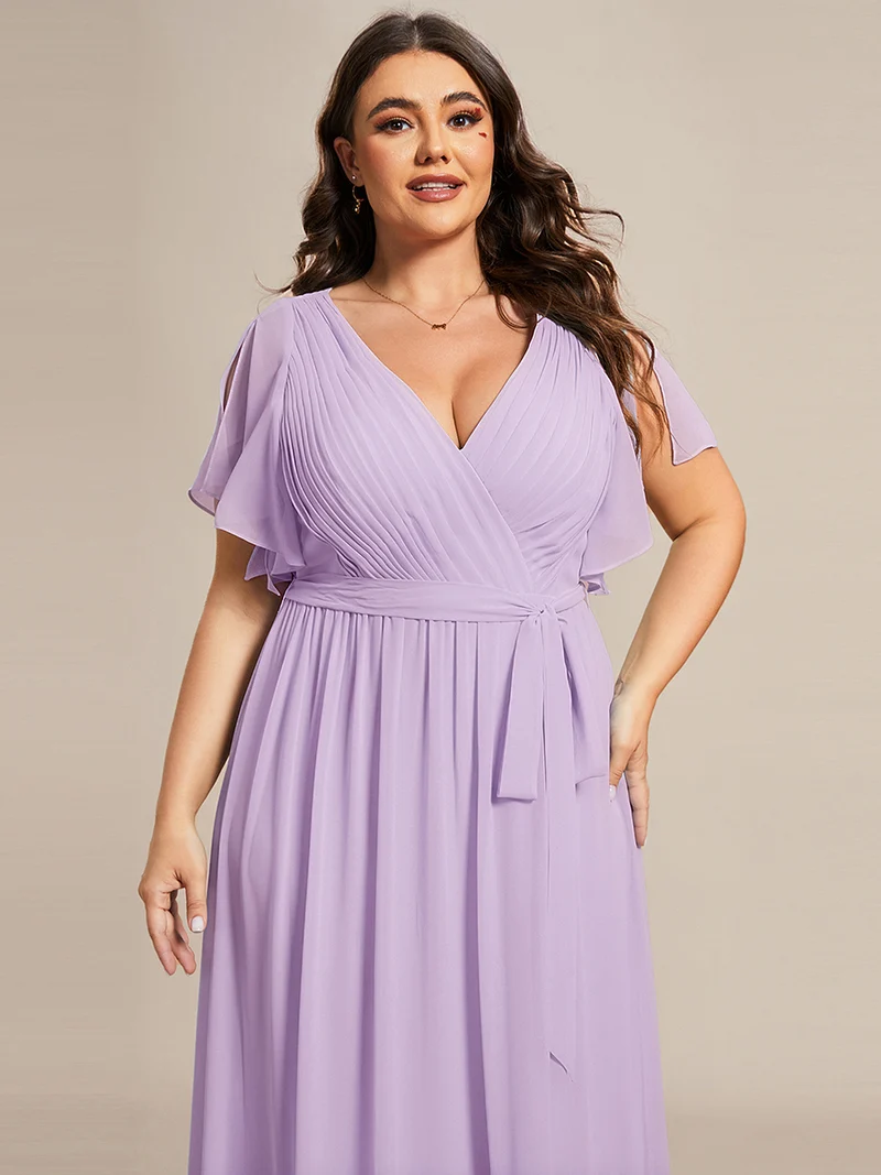 pretty LEORA|Robe de soirée en mousseline de soie longue de grande taille à encolureen V Maxi