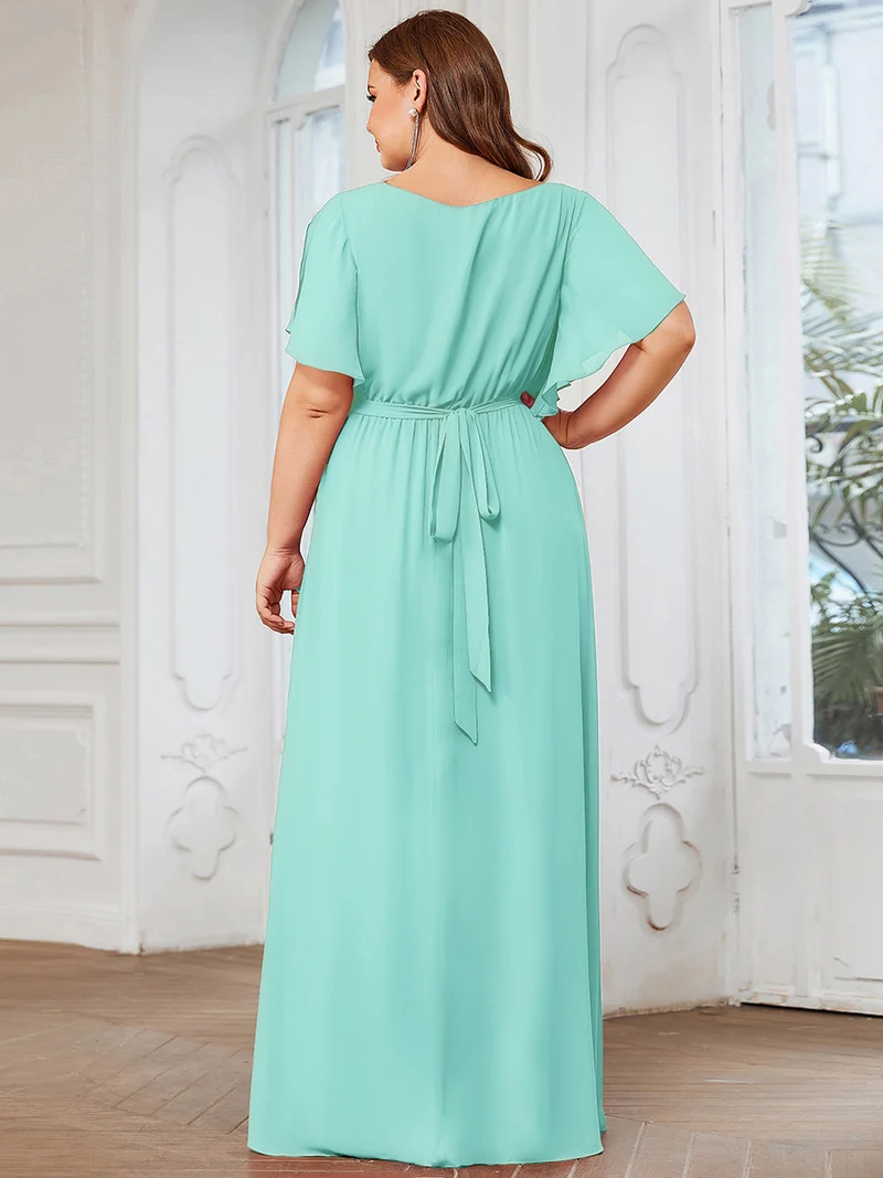 pretty LEORA|Robe de soirée en mousseline de soie longue de grande taille à encolureen V Maxi