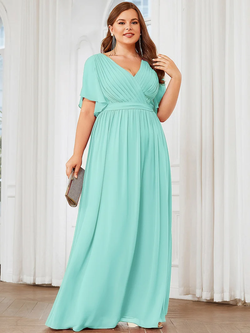 pretty LEORA|Robe de soirée en mousseline de soie longue de grande taille à encolureen V Maxi