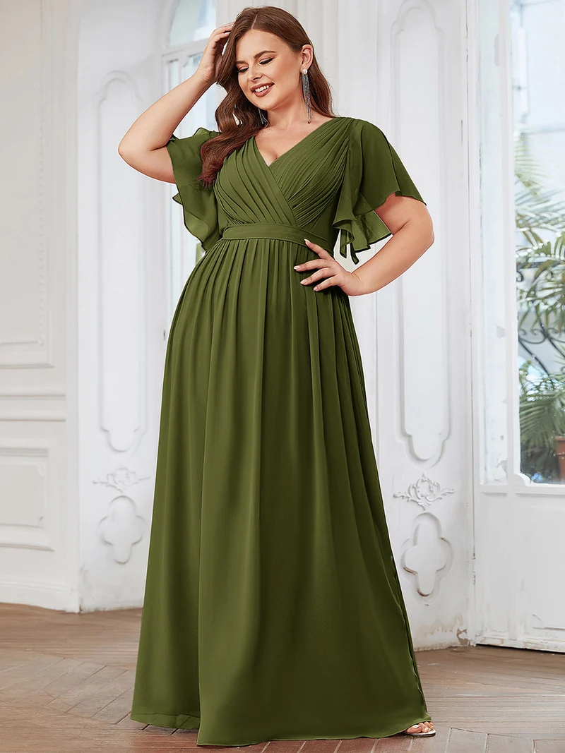 pretty LEORA|Robe de soirée en mousseline de soie longue de grande taille à encolureen V Maxi