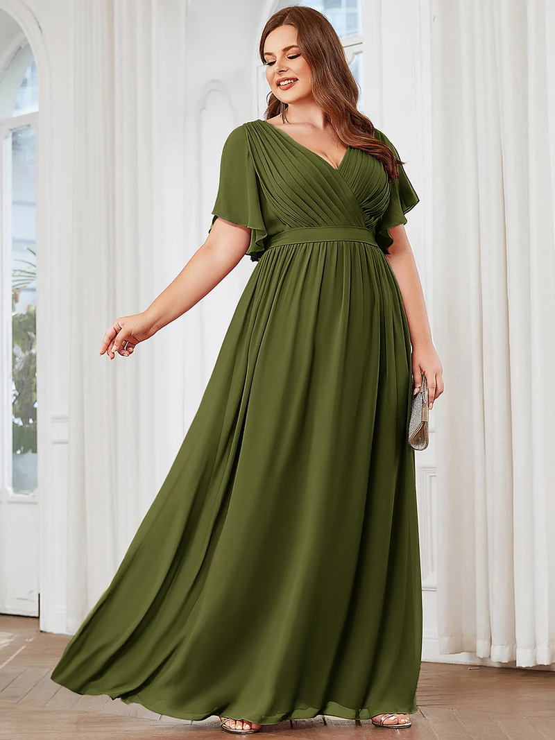 pretty LEORA|Robe de soirée en mousseline de soie longue de grande taille à encolureen V Maxi
