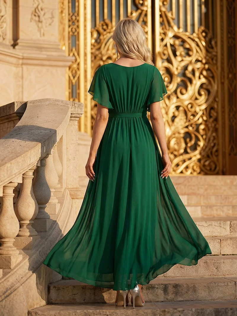 ever LEORA|Robe de soirée en mousseline de soie à col V et à manches flottantes
