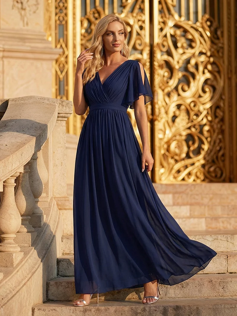 ever LEORA|Robe de soirée en mousseline de soie à col V et à manches flottantes