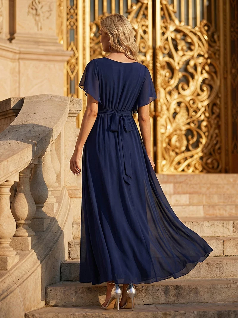 ever LEORA|Robe de soirée en mousseline de soie à col V et à manches flottantes