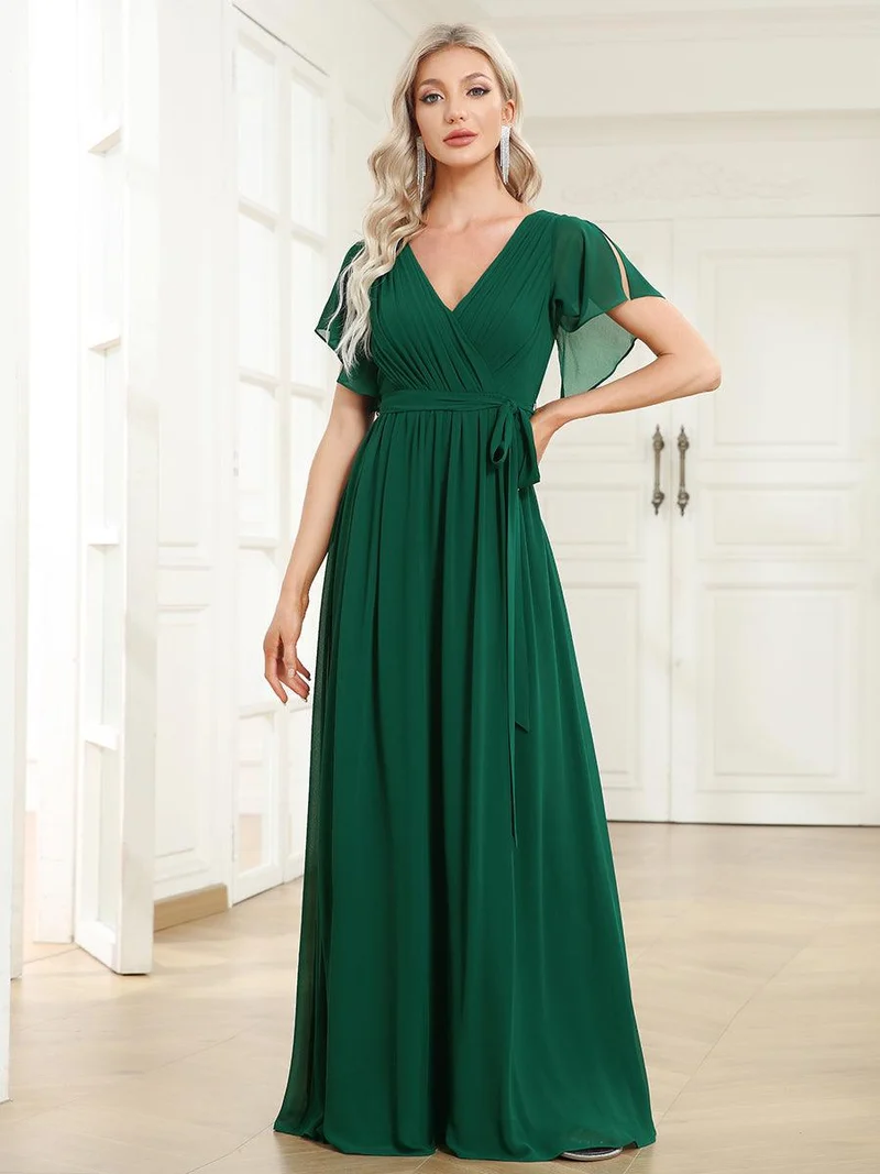 ever LEORA|Robe de soirée en mousseline de soie à col V et à manches flottantes
