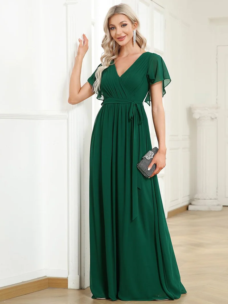 ever LEORA|Robe de soirée en mousseline de soie à col V et à manches flottantes