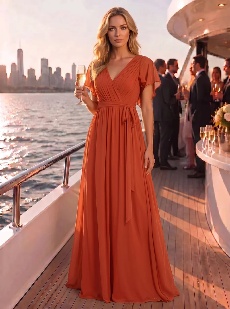 ever LEORA|Robe de soirée en mousseline de soie à col V et à manches flottantes