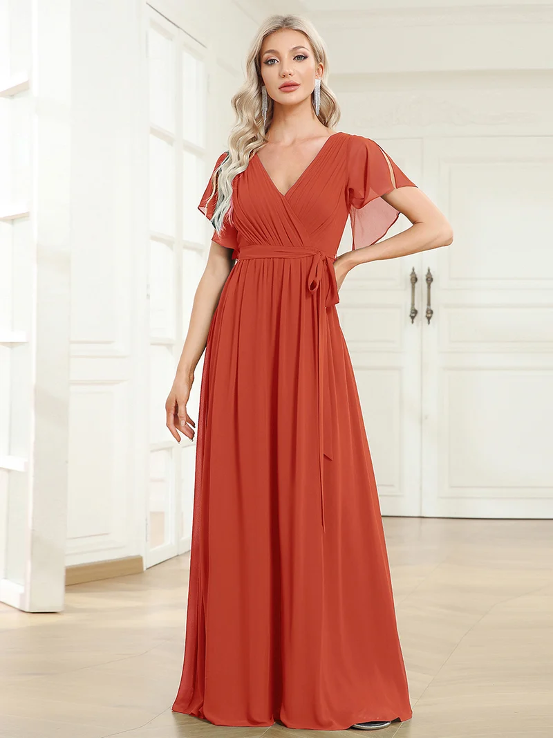 ever LEORA|Robe de soirée en mousseline de soie à col V et à manches flottantes
