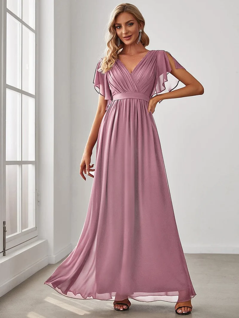 ever LEORA|Robe de soirée en mousseline de soie à col V et à manches flottantes