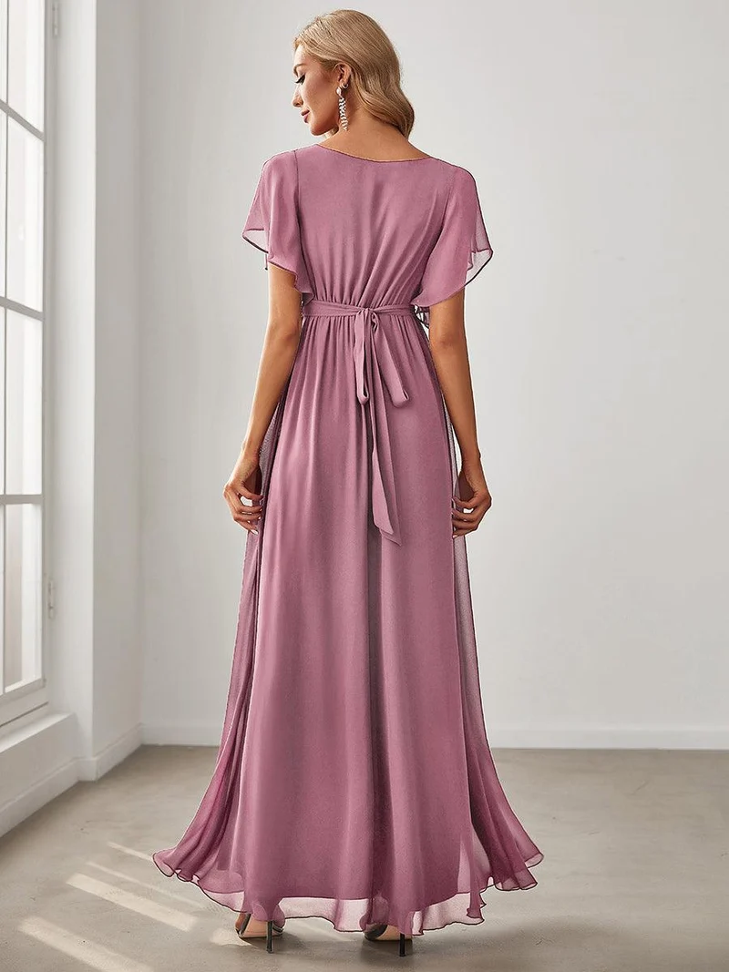 ever LEORA|Robe de soirée en mousseline de soie à col V et à manches flottantes