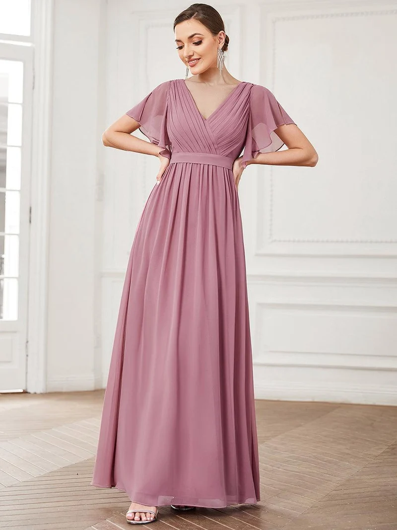 ever LEORA|Robe de soirée en mousseline de soie à col V et à manches flottantes