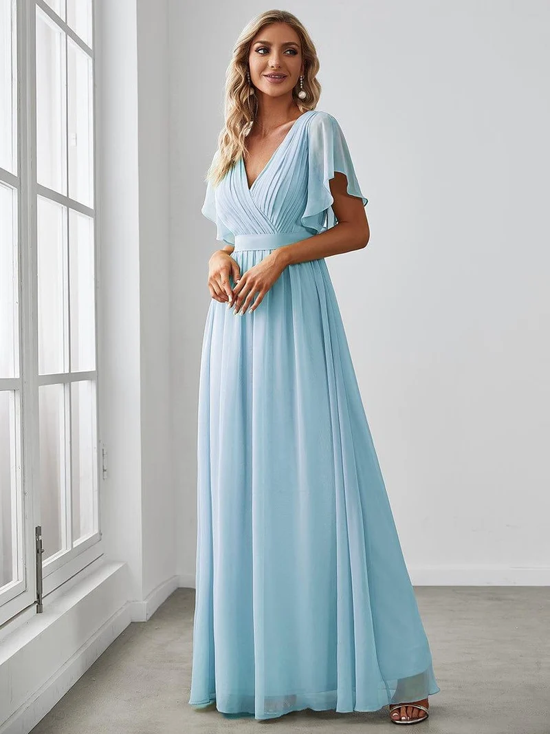 ever LEORA|Robe de soirée en mousseline de soie à col V et à manches flottantes