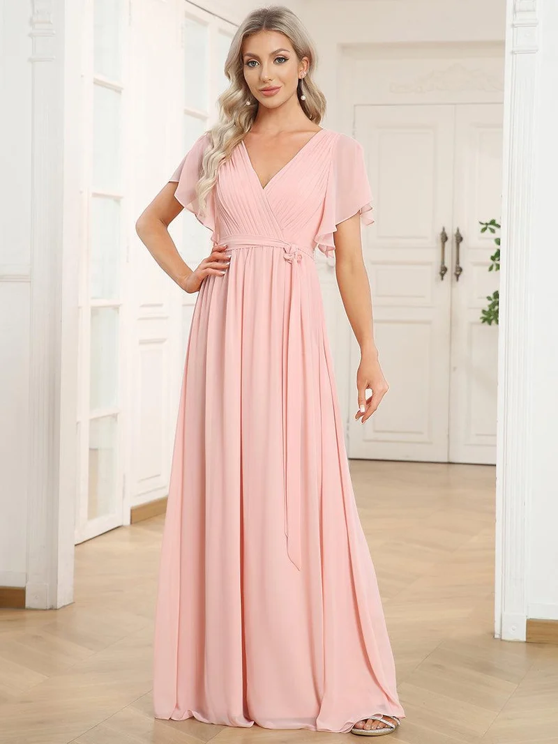 ever LEORA|Robe de soirée en mousseline de soie à col V et à manches flottantes