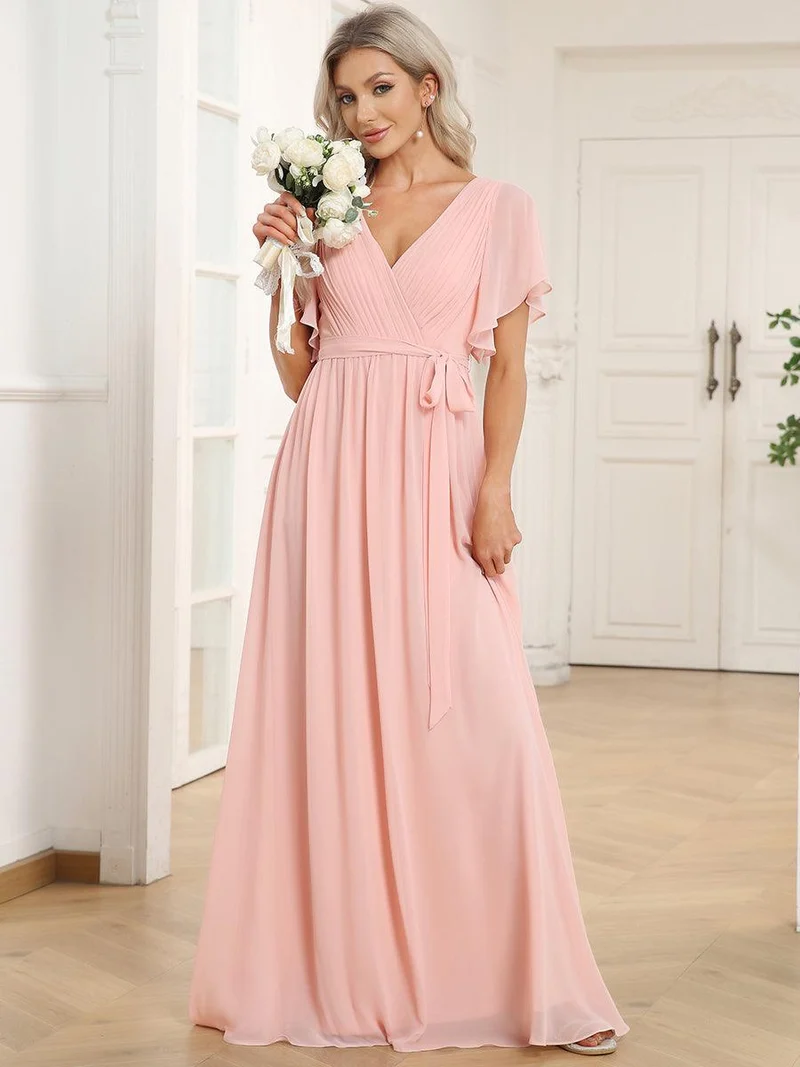 ever LEORA|Robe de soirée en mousseline de soie à col V et à manches flottantes