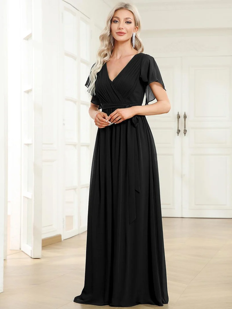 ever LEORA|Robe de soirée en mousseline de soie à col V et à manches flottantes