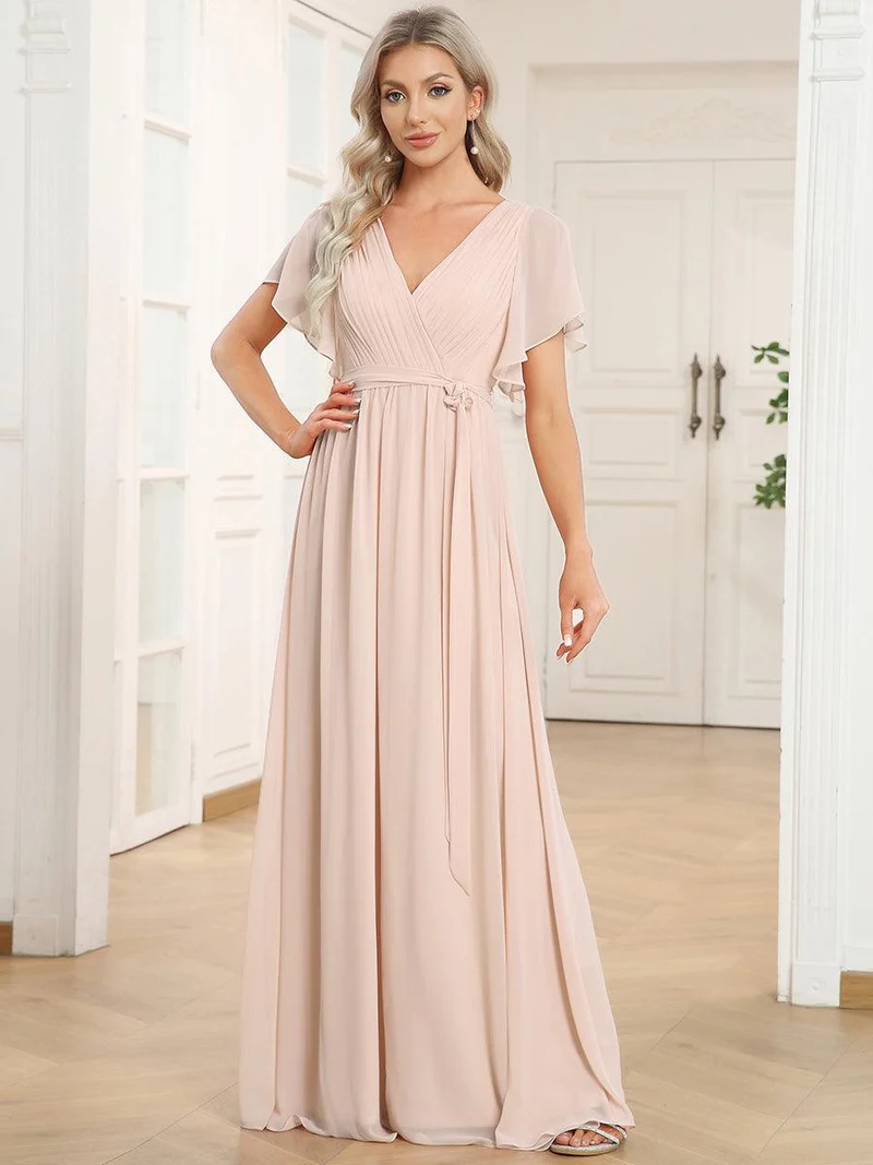 ever LEORA|Robe de soirée en mousseline de soie à col V et à manches flottantes