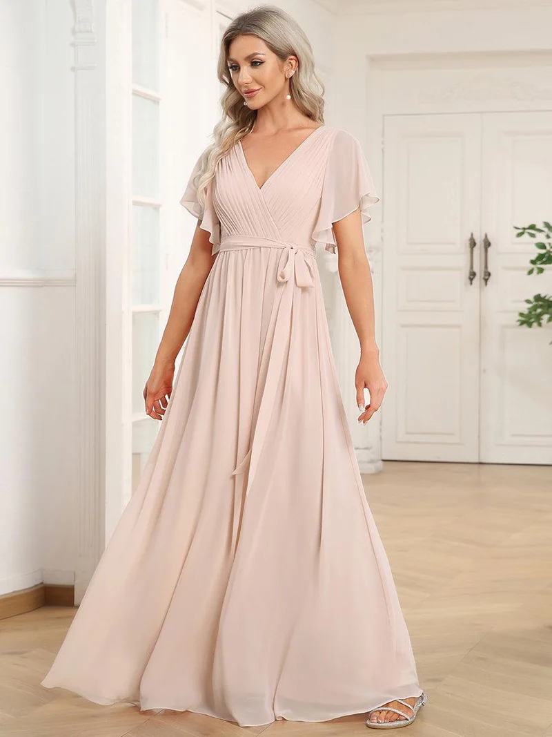 ever LEORA|Robe de soirée en mousseline de soie à col V et à manches flottantes